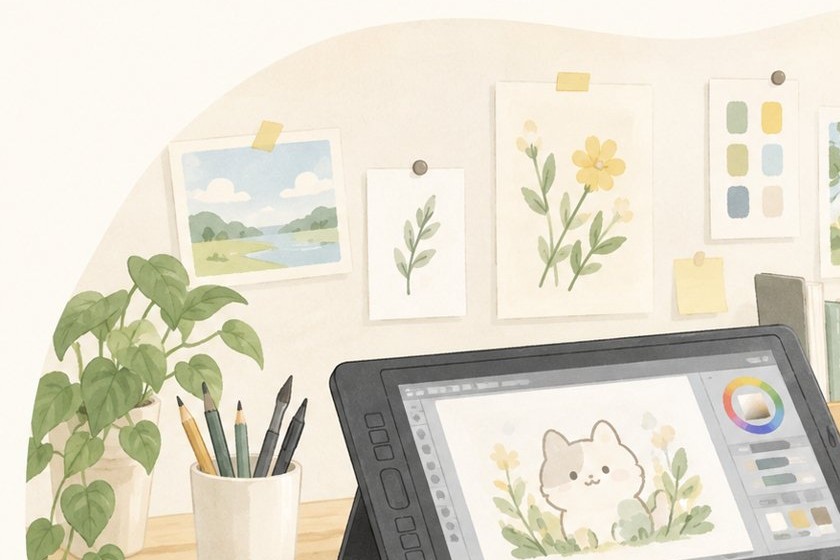壁に貼られた絵とペンタブレットのイラスト