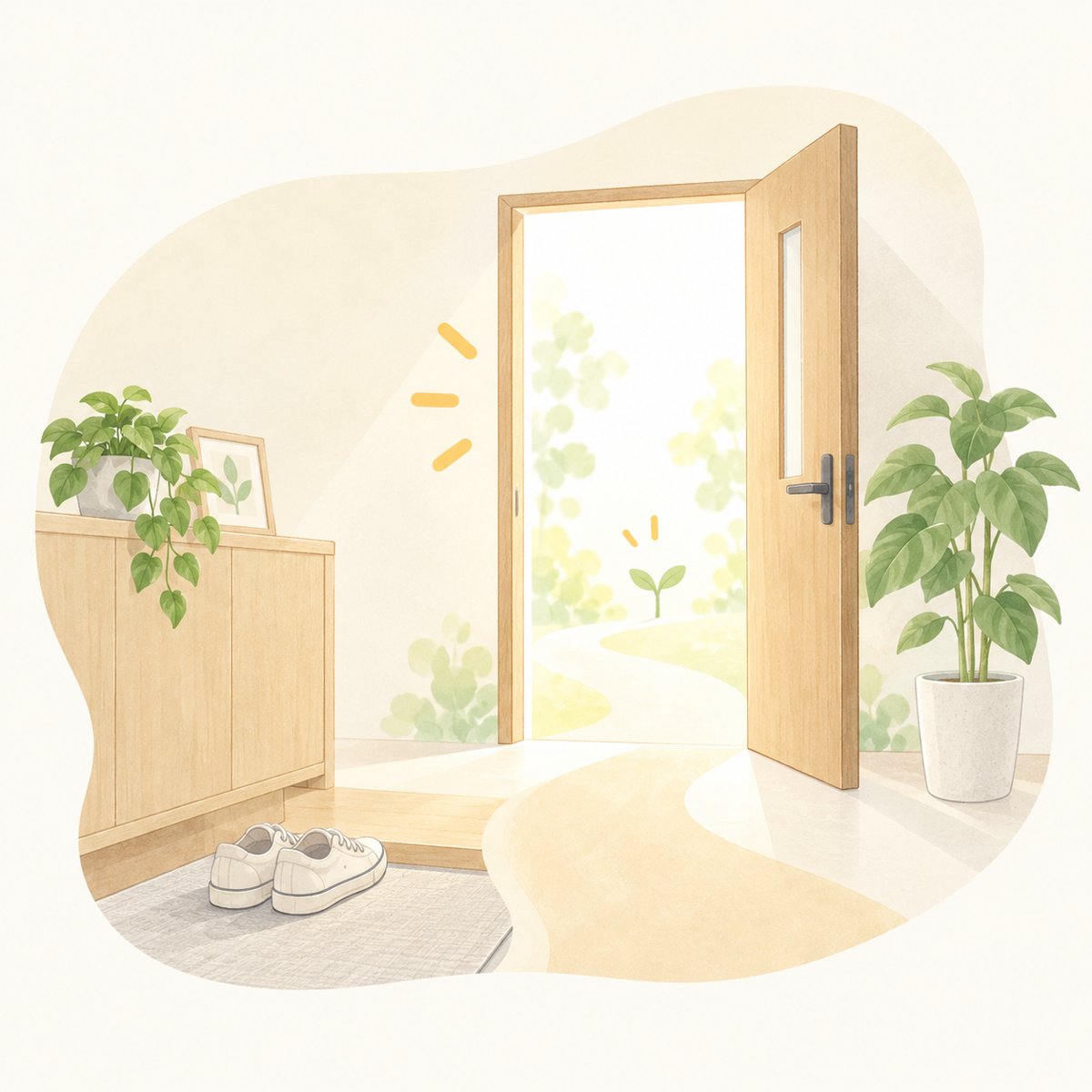 開いたドアから光が差し込むイラスト