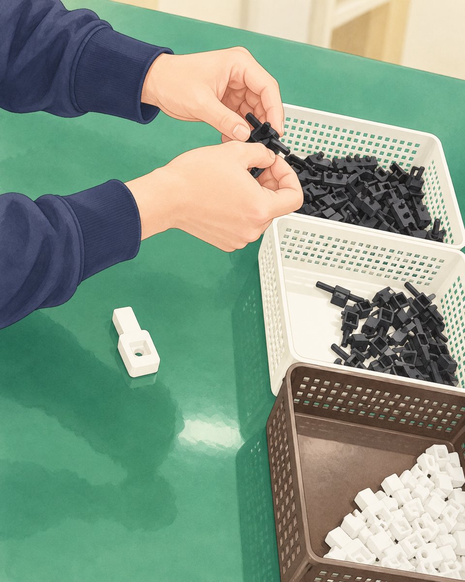 部品を手に取って作業をたしかめるイラスト