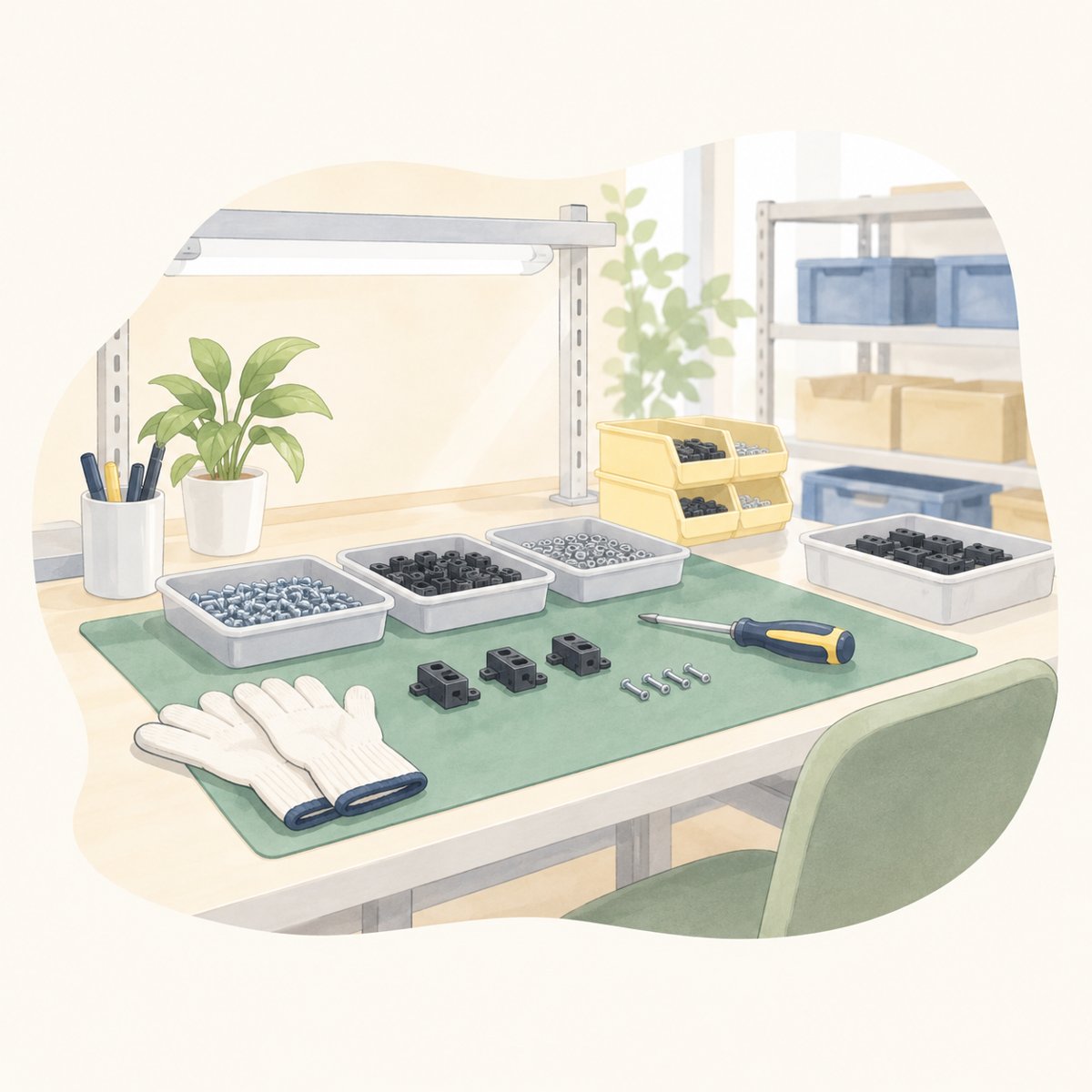 部品の並ぶ作業台のイラスト