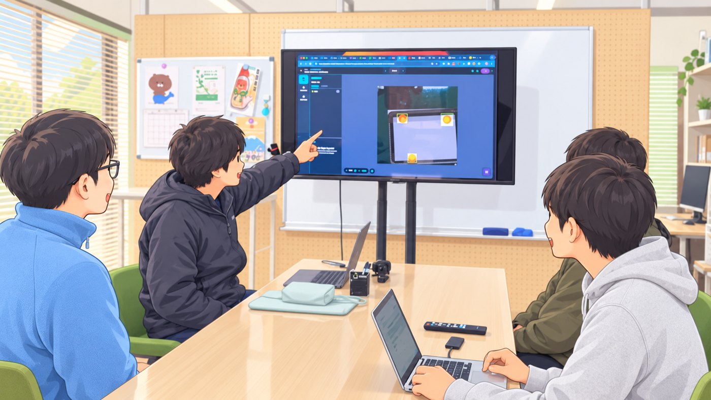 AI画像検査の画面を見ながら話し合う若者たちのイラスト
