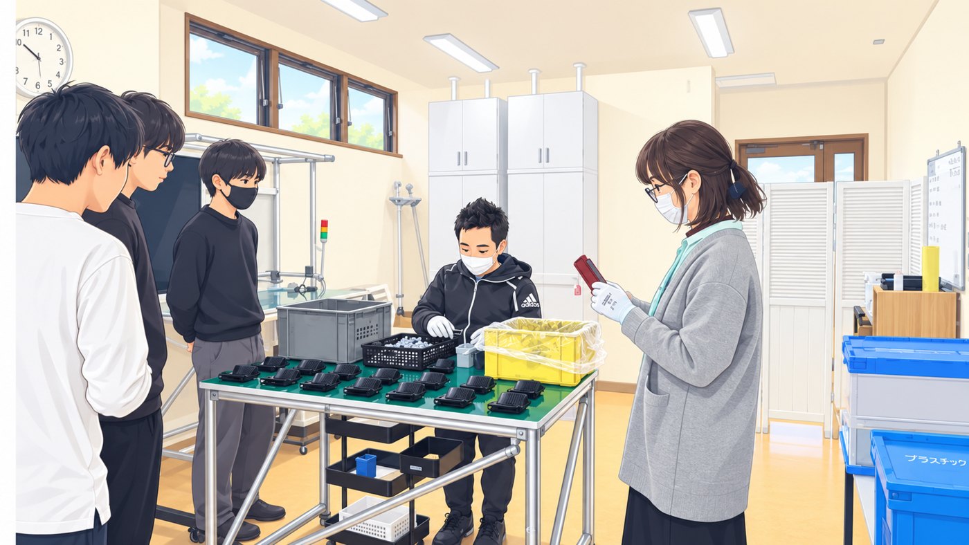 ジョブトレで作業の説明を受けている若者たちのイラスト