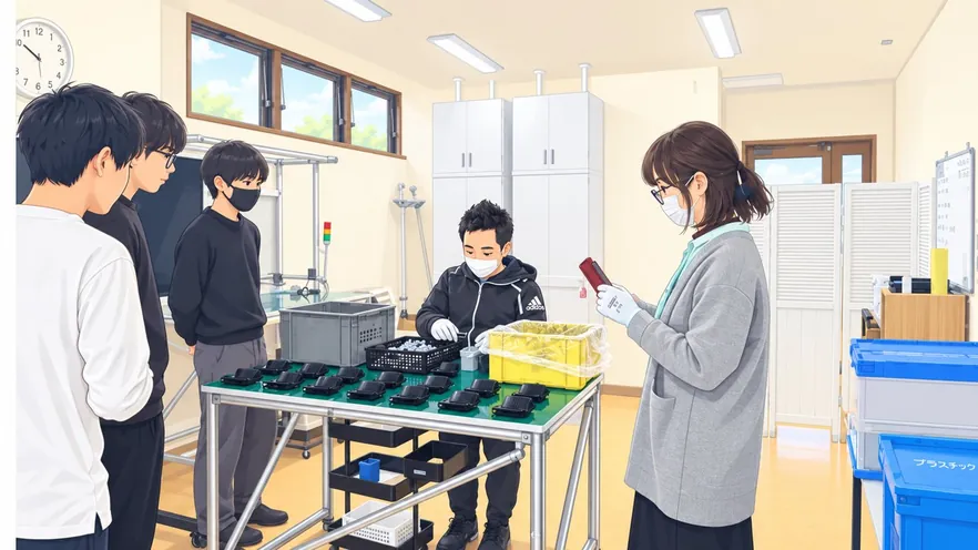 ジョブトレで作業の説明を受けている若者たちのイラスト