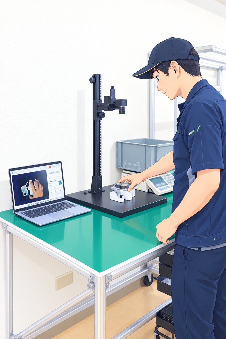 AI搭載型カメラ検査台 LINABLE Kit で部品を検査する若者のイラスト