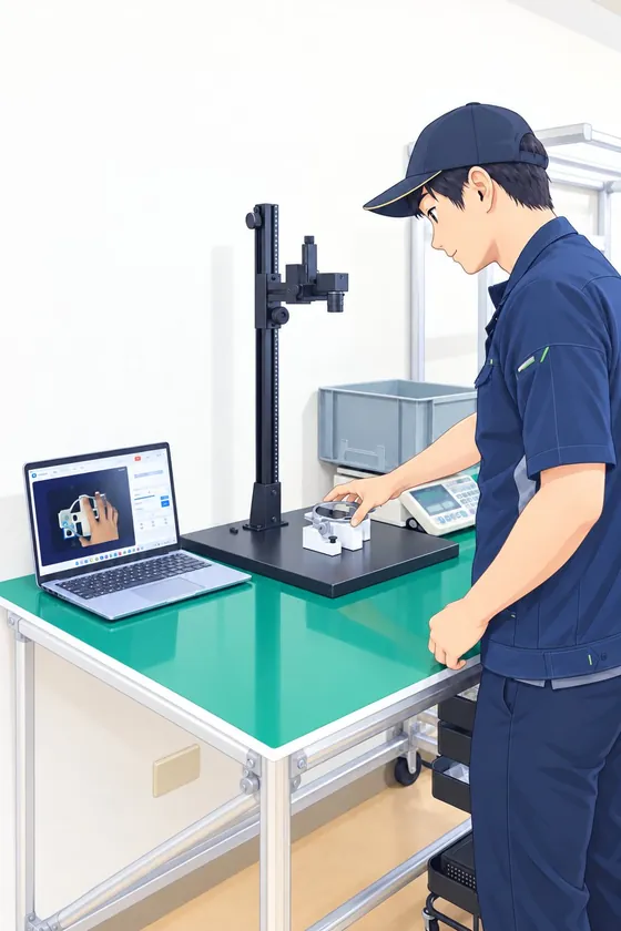 AI搭載型カメラ検査台 LINABLE Kit で部品を検査する若者のイラスト