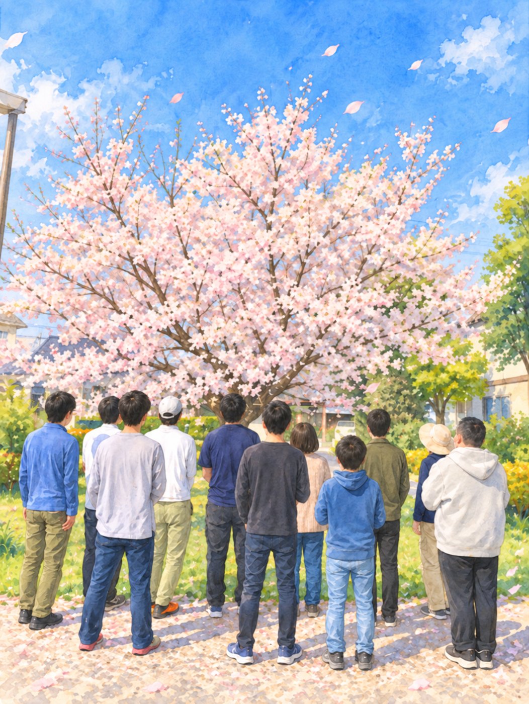 桜の木を見上げる若者たちのイラスト