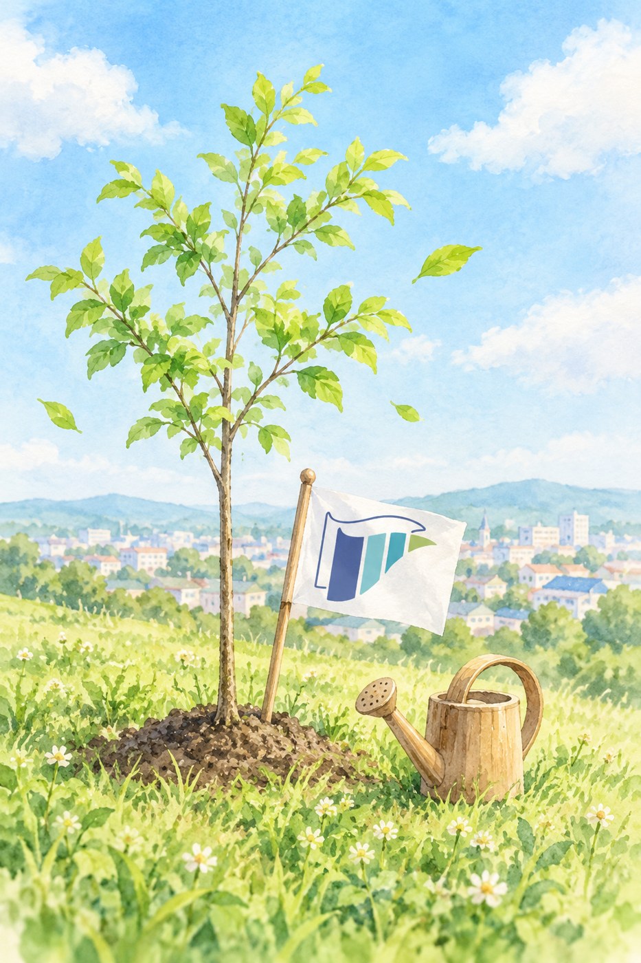 丘の上の若い木と、根元に立てたLINABLEの旗のイラスト