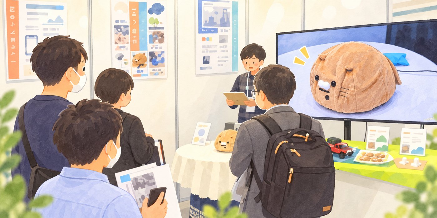 メッセナゴヤのブースで作品を見る来場者のイラスト